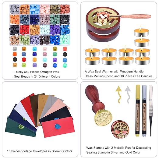 Aottom Wax Seal Stamp Kit with Gift Box, 24 Colors 650 Pcs Beads, Warmer, Envelopes, Candles, Stamp, Metallic Pen for Gift and Decoration