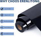 RENLITONG Black Iron on Vinyl 12Inch by 50ft Roll HTV Heat Transfer Vinyl for T-Shirt HTV Rolls for All Cutter Machine - Easy to Cut & Weed for Heat Transfer Design