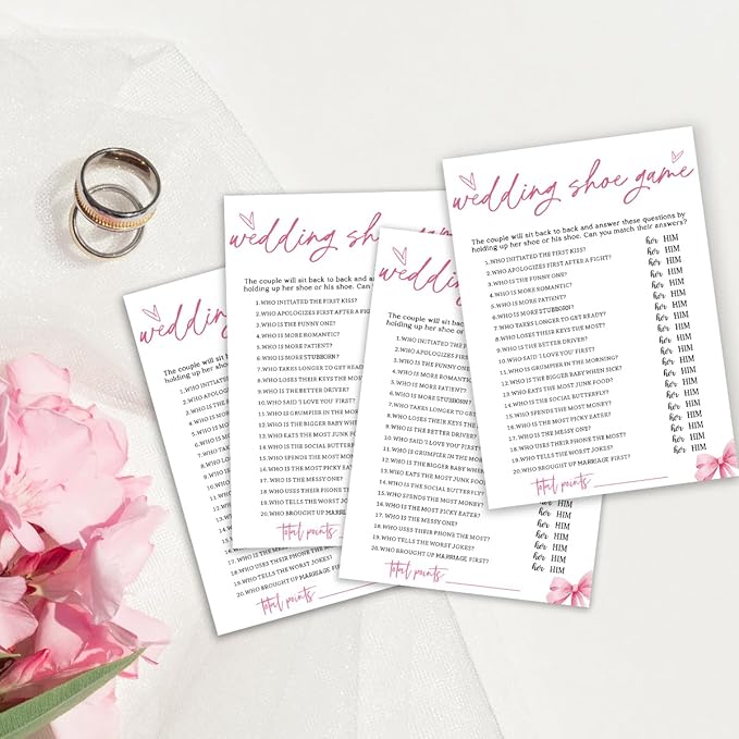 Wedding Shower Games Cards, Wedding Shoe Game, Bridal Shower Games 25 Guests, Engagement Party Wedding Games for Guests, Pink Ribbon Bow Wedding Party Supplies - E04