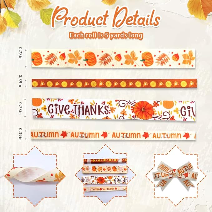 4 PCS Thanksgiving Fall Ribbons Pumpkin Leaves Printed Grosgrain Ribbons White Orange Ribbon Hello Autumn Craft Ribbons for Gift Wrapping Fall Thanksgiving Decor (20 Yards, 0.78''&0.39'')