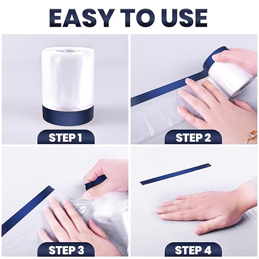 ADHES Painters Plastic with Tape, 24 inch x 90 feet x 3 Rolls Painters Tape with Plastic Attached, Pre Taped Masking Film Tape and Drape for Automotive Painting Covering
