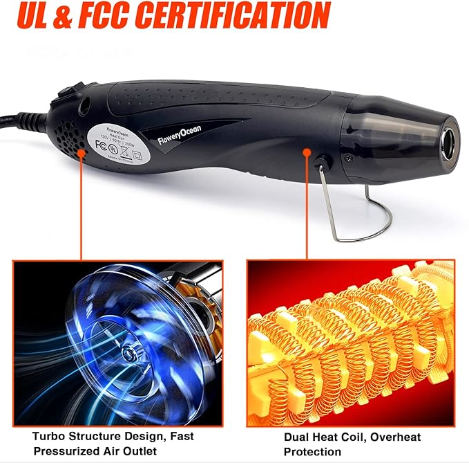 Mini Heat Gun+Reflector Nozzle Kit 350W Fast Heat Hot Air Gun Overload Protection 2 Temp Setting 392°F-662°F & 6.6Ft Long Cable for Craft Shrink WrappingTubing Stripping Paint