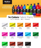 Nicpro 14 Colors Permanent Fabric Paint (16.9 oz, 500 ml) Soft Fabric Paint for Clothes, Non-Toxic Textile Paint for Fabric DIY Crafts, T-shirts, Shoes Jeans Bags Canvas for Adult with Color Wheel