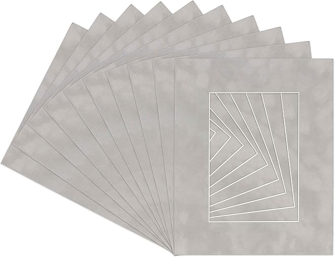 Poster Palooza Pack of Ten 8x10 Mats Bevel Cut for 6x8 Photos - Acid Free Light Grey Suede Precut Matboards for Pictures, Photos, Framing - 4-ply Thickness