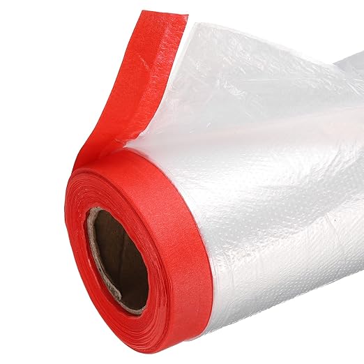 uxcell Pre-Taped Masking Film, 7.9ft x 66ft High-Tack Painters Tape Plastic Drop Cloth with High-Tack Painters Tape for Painting Protection Red 3Pcs