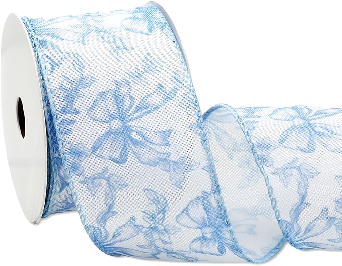 Blue Floral Bow Wired Edge Ribbon Chinoiserie Flower Bowknot Fabric Ribbon for DIY Crafts Wreath Bow Making Supplies, 12 Yard