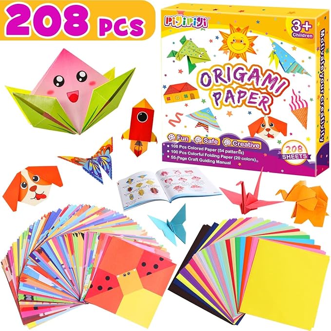 pigipigi Craft Origami Paper for Kids - 208 Sheets Vivid Colorful Folding Papers 54 Patterns Art Projects Kit for 5 6 7 8 9 10 11 12 Years Old Girl Boy Teen Birthday Gift Preschool Educational Toy