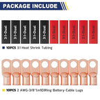 haisstronica 10pcs 2 AWG - 3/8" (M10) Battery Cable Lugs, Heavy Duty Copper Wire Lugs with 10pcs 3:1 Adhesive Heat Shrink Tubing, 2 Gauge Wire Connectors Battery Terminal Connector, Battery Cable Ends