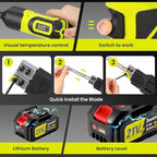 Huanyu Cordless Hot Knife with Temperature Display 100W Max 500℃ 3.0Ah Battery Powered Air Cooling Cutting Tool 2 Blades 4"+6" Set Electric Hot Knife for Styrofoam, Rope, Fabric, Acrylic