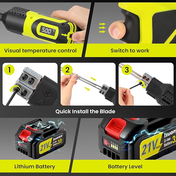 Huanyu Cordless Hot Knife with Temperature Display 100W Max 500℃ 3.0Ah Battery Powered Air Cooling Cutting Tool 2 Blades 4"+6" Set Electric Hot Knife for Styrofoam, Rope, Fabric, Acrylic