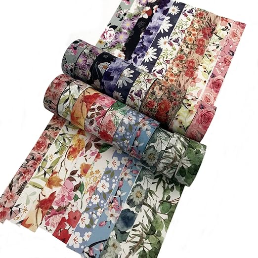Floral Washi Tape Set 20 Rolls 15mm Wide Flower Decorative Paper Tapes for Scrapbooking, Bullet Journal, Planner, DIY Crafts, Gift Wrapping