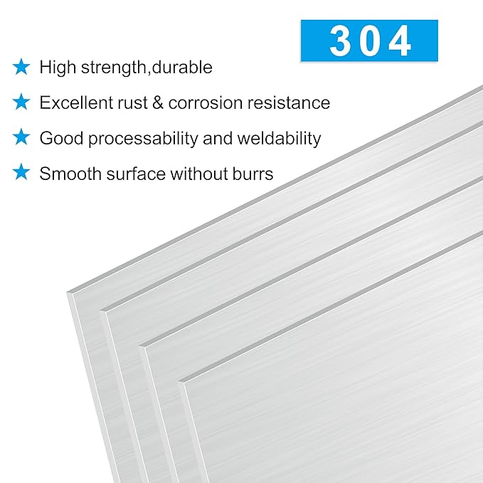 4PCS 8”x8”x1/32” 304 Stainless Steel Sheets Plate, 304 Metal Stainless Steel Sheet Strip Plate (Brushed Finish) for Industry Machinery, DIY Engineer, Decoration
