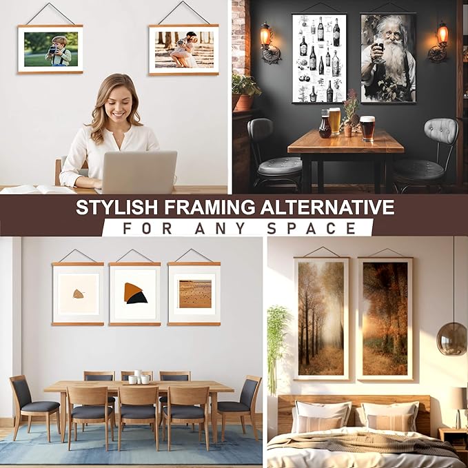 DACRI HOME 46" Magnetic Poster Hanger Frame - Sturdy Teak Wood Poster Frame, Strong Magnets for Easy Hanging Map Picture Canvas Print Scroll Wall Art (46 Inch, Natural Wood)