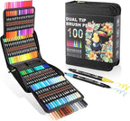 Dual Tip Markers, Double Brush Art Markers Set with Fine Tip and Brush Tip for Adult Coloring Book, Hand Lettering, Calligraphy & Drawing, Art Supplies Kit for Kids and Adults (100 Colors)