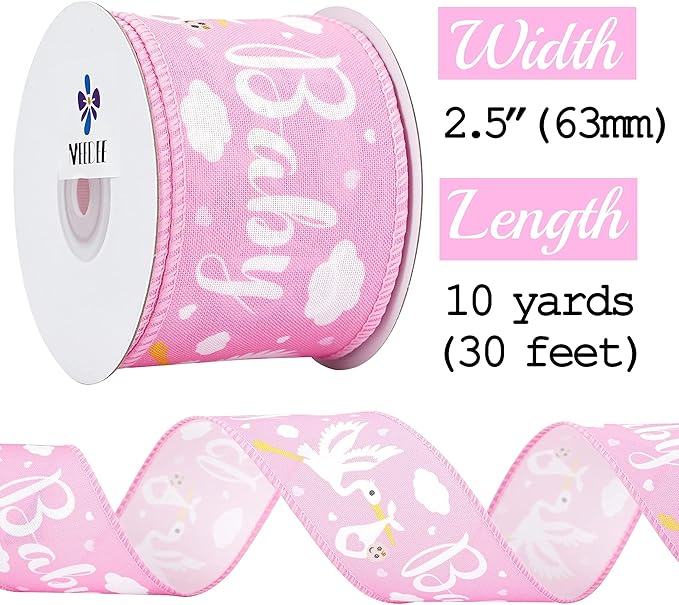 MEEDEE Pink Baby Ribbon for Baby Shower - 2.5 Inch Burlap Wired Ribbon for Diaper Cake, Welcome Home Baby Girl Shower Favors Gift Box Table Decor (10 Yards)