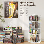 XIMN 360° Rotating Bamboo CD/DVD Shelf - 6-Tier Space-Saving Media Storage Cabinet for Movies, Organizer with Super Compact Design (White, 4 Tier)