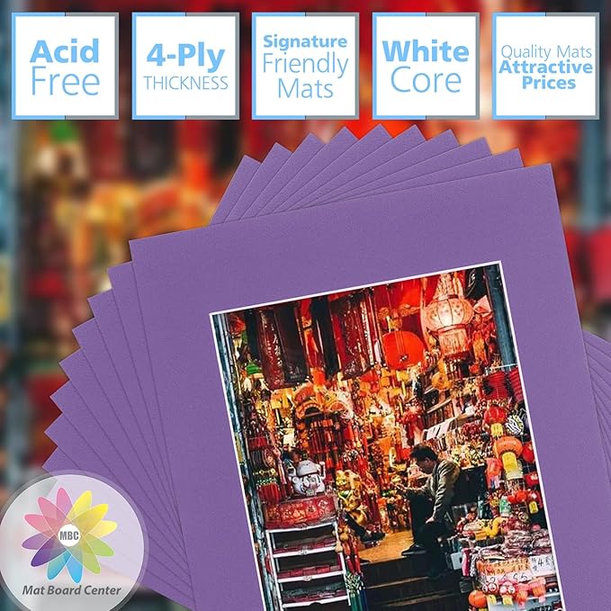 Mat Board Center, Pack of 10, 11x14 for 8x10 Purple Color Mats - Bevel Cut, Acid Free, 4-ply Thickness, White Core - for Pictures, Photos, Framing