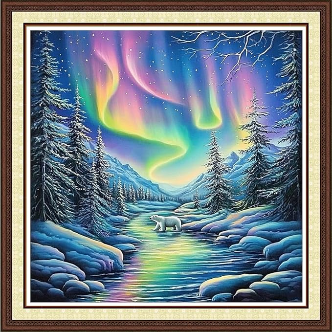 Findvoor Counted Cross Stitch Kits for Adults Full Range of Cross Stitching Embroidery Unprinted Pattern for Beginners, 11CT Needlepoint Kit Patterns Embroidery Kits-Northern Lights Bear 18x18 inch