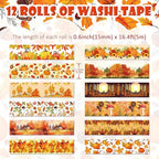 12 Rolls Autumn Washi Tape Set, Fall Maple Leaves Pumpkin Sunflower Thanksgiving Decorative Tape for Bullet Journal, Planner, DIY Arts Crafts, Scrapbooking, Gift Wrapping 16.4FT