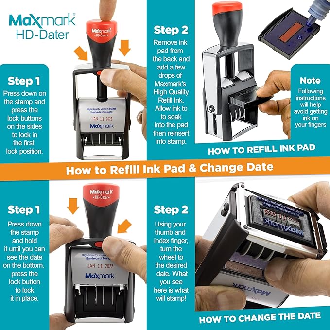 MaxMark Heavy Duty Self Inking Date Stamp with Phrase Scanned - 2 Color Blue/Red Ink