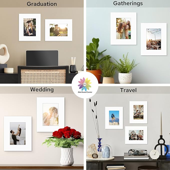 Mat Board Center, 8x10 White Mats for 5x7 Pictures - Acid Free, 4-ply Thickness, White Core, Bevel Cut - for Artworks, Photos, Framing - Pack of 12