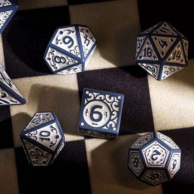 7-Die DND Dice Set New Pattern Polyhedral Dice Set with Leather Bag D&D Die for RPG Table Games(Blue White)