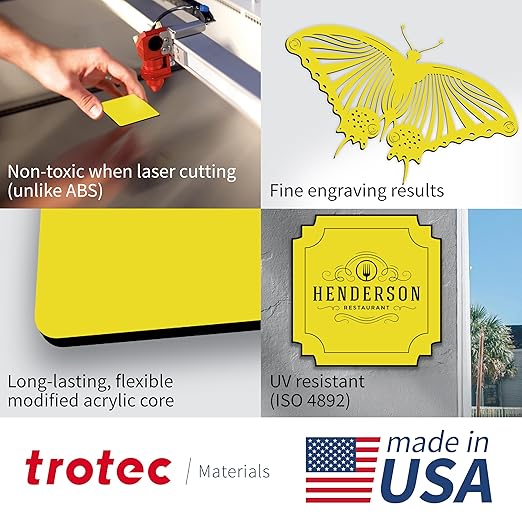 Trotec TroLase | 12"x24"x1/16", 4 Pcs | Yellow/Black| 2 Ply | Modified Acrylic | Laser Engraving Double Color Plastic Sheet | Engraving Blanks for Laser, Saw, Guillotine | Made in USA