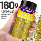 LEOBRO Gold Glitter, 160g/5.64oz Holographic Chunky Glitter for Crafts, Resin, Nail Body, Tumblers, Party Decorations