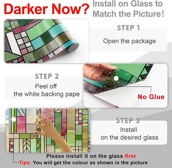 3D Stained Glass Window Privacy Film, Heat Control UV Blocking Static Cling Decorative Window Film for Bathroom,Front Door,Home Non Adhesive,Colorblock 23.6 x 35.4 inches