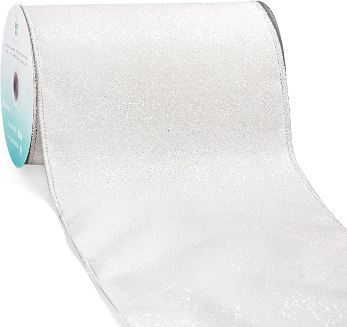 CT CRAFT LLC Glitter Wired Ribbon 6" x 10 Yards White for Christmas Home Decor Bow Gift Wrapping DIY Crafts Wreath