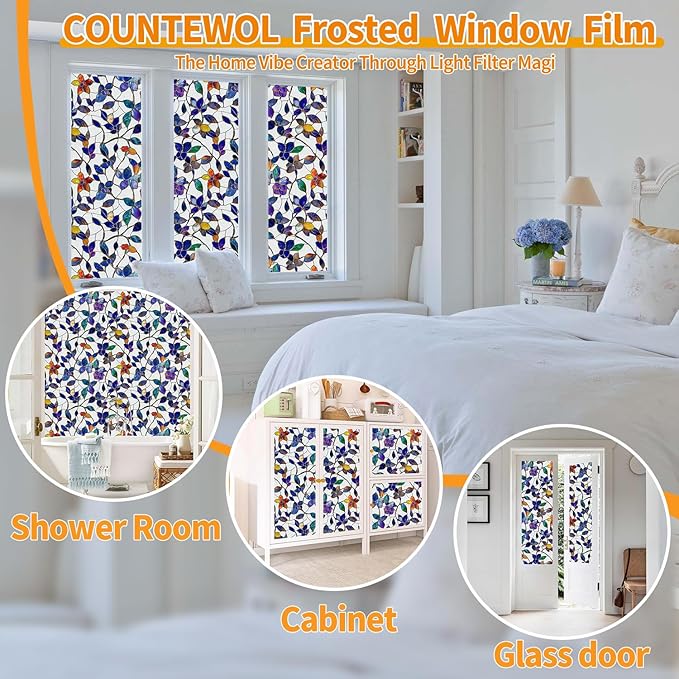 Window Privacy Film Stain Glass Window Film Rainbow Window Film Window clings Non-Adhesive Reusable Decorative for Room (Frosted Stained Leaf, 17.5 x 78.7 in)