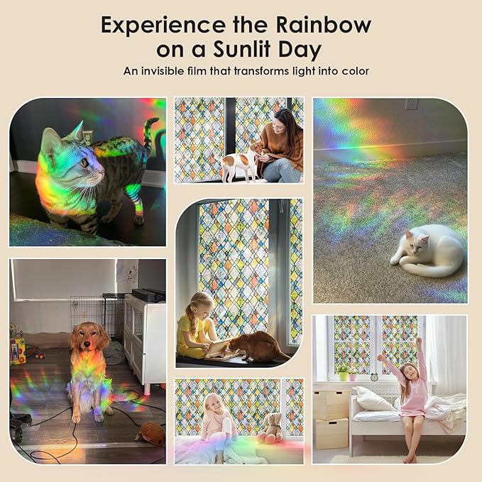 Window Privacy Film Rainbow Film Stained Glass 3D Static Cling Decorative Window Sticker for Bathroom,Front Door,Home Heat Control UV Blocking Non Adhesive,Diamond Grid 35.4 x 78.7inches
