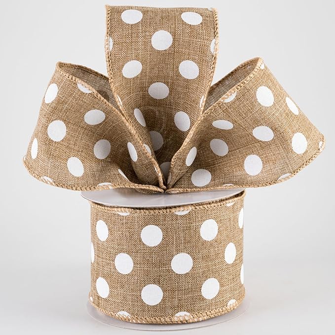 Burlap Ribbon Wired, Farmhouse Rustic White Dots Ribbon for Gifts Wrapping DIY Crafts Floral Bows Wreath Making Party Supplies Holiday Home Decoration, 2.5 Inch x 10 Yards