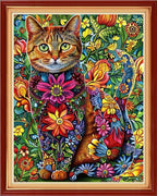Stamped Cross Stitch Kits - Beach Night Landscape Counted Cross Stitch Kits for Beginners Adults Needlepoint Cross-Stitch Patterns-Flower Cat 16x20 inchs