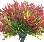 20 Bundles Artificial Plants Outdoor Fake Monkey Grass with Flowers (Red)