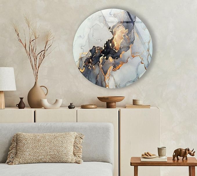 My Photostation.com 24''(60cm) Diameter Gold Details Gray Marble Round Glass Wall Art Tempered Glass Printing Wall Decor Large Wall Art Wall Hangings