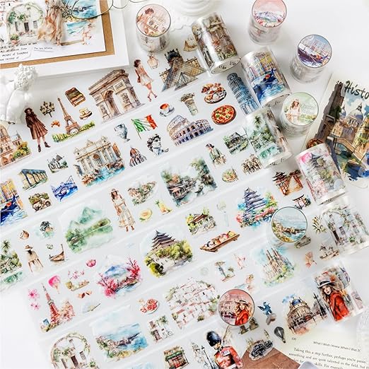 6 Rolls PET Tape Stickers for Scrapbook Supplies,Self-Adhesive Travel Theme Washi Tape for Junk Journal Supplies,Journaling,Scrapbooking,DIY Craft,Notebook(Travelling)
