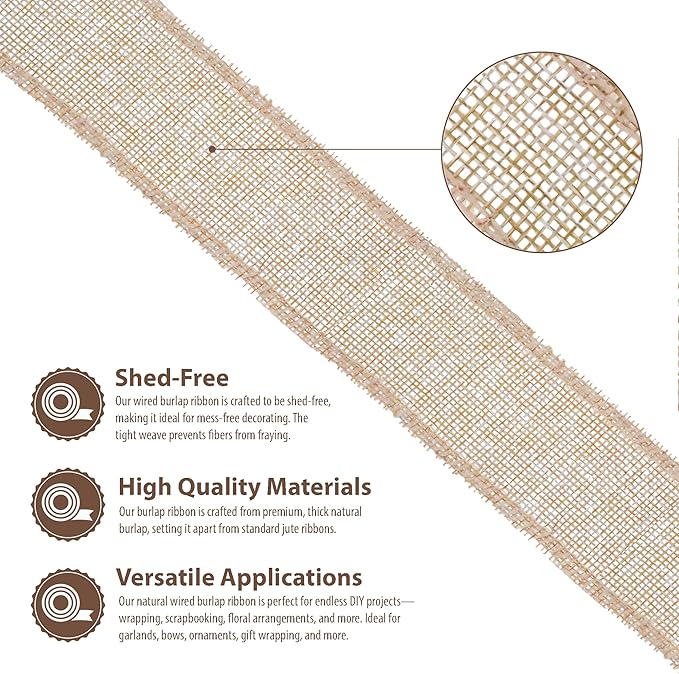 Mandala Crafts Natural Burlap Wired Ribbon 2 Inches Wide Jute Ribbons for Crafts - 10 Yds Roll Rustic Burlap Wrap Trim Ribbons for Wreaths Bows Party Decoration