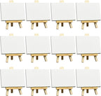 FIXSMITH 3x4 Inch Mini Stretched Canvas Easel Set- Bulk Pack of 12,Set Contains 12 Rectangle Canvases &12 Mini Easels,Small White Art Canvases & Wood Easels for Painting Craft Drawing Decoration