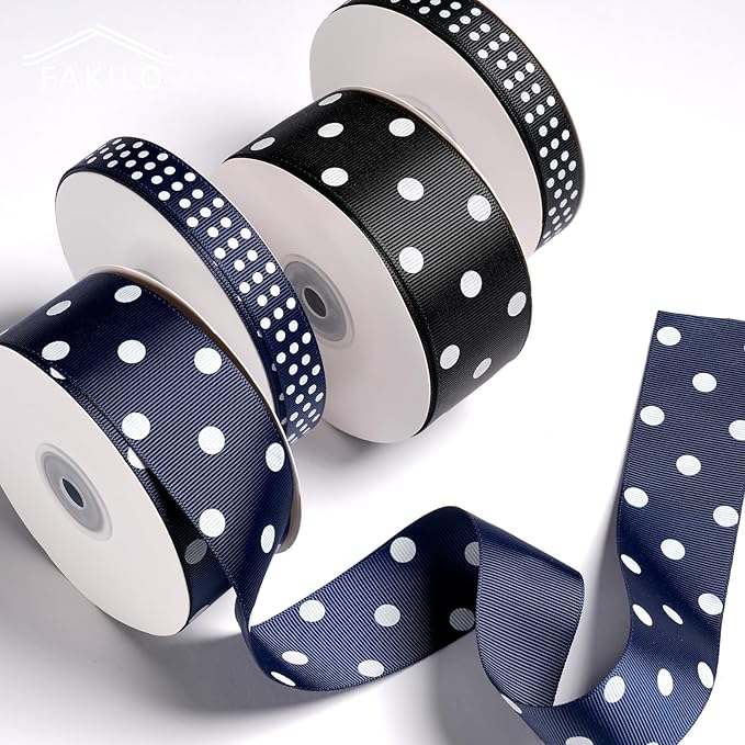 Polka Dot Grosgrain Ribbon 1.5 Inch, 25 Yards Spool Navy Blue and White Dot Craft Ribbon for Christmas Gift Wrapping DIY Crafts Hair Bows Wedding Party Decor Sewing and Home Decoration