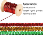 Christmas Set Thin Ribbon 1/8 inch Metallic Braided Double Faced Ribbons Curling Ribbons for Balloon String Crafts Gift Wrapping Party Wedding Christmas Ornaments Decoration 7 Yard x 3 Rolls