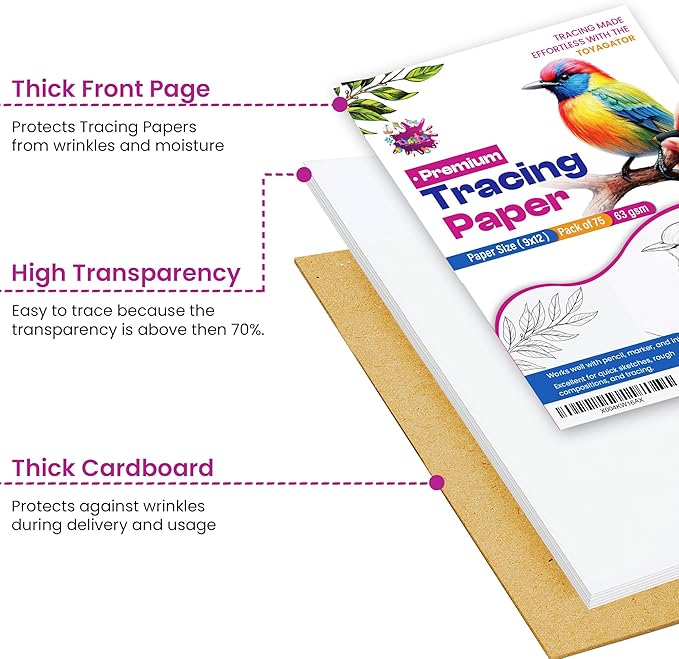 Tracing Paper 9 x 12 Inch - 75 Sheets 41lb/63gsm Transparent Vellum Paper for Sketching, Preliminary Drawing, Drafting & Overlays - Premium Translucent Tracing Paper for Pencil, Marker and Ink