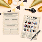 80th Birthday Party Games, Set of 5 Activities for 10 Guests, Born in 1945 Games Bundle, Birthday Party Supplies for Adults, Pack of 50 Cards