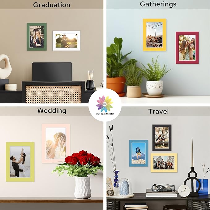 Mat Board Center, 5X7 Mix Color Mats for 4X6 Pictures - Acid Free, 4-Ply Thickness, White Core, Bevel Cut - for Artworks, Photos, Framing - Pack of 12