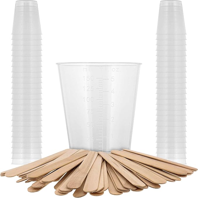Pouring Masters 5 Oz (150 ml) Liquid Measuring Cups - Plastic Graduated Cup (50 Pack) with 25 Sticks - Reusable Mixing Cups for Paint, Craft, Kitchen, Lab, Medical Supplies, Epoxy Resin, Art