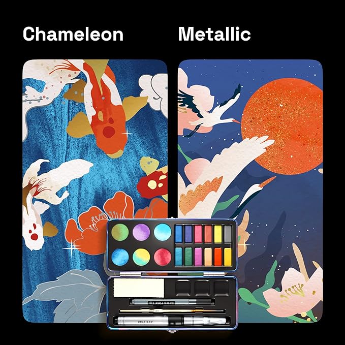 ARTISTRO Metallic Watercolor Paints Set of 18, Palette set Including 12 Metallic Glitter Watercolor and 6 Chameleon Colors. Perfect Travel Watercolor Set for Artists, Amateur Hobbyists and Painting Lovers