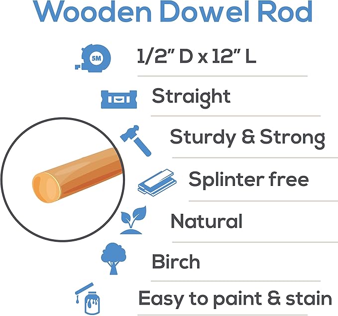 Dowel Rods Wood Sticks Wooden Dowel Rods - 1/2 x 12 Inch Unfinished Hardwood Sticks - for Crafts and DIYers - 25 Pieces by Woodpeckers