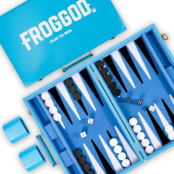 Froggod Travel Backgammon Sets for Adults – 15 Inch Premium Backgammon Set – PU Leather Case with Seamless Flocked Game Surface – Classic Board Games for 2 Player and Gift for Men(Light Blue)
