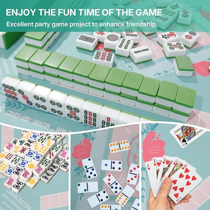 Mahjong Mat, Mahjong Mat for Table, Comes with 1 Velvet Mahjong Mat Storage Bag, with 2025 Mahjong Cards (4pcs), Fit for Mahjong/Poker/Board Games/Card Games/Dominoes (Green)