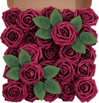 Artificial Flowers Foam Fake Roses 25pcs Dark Red Roses with Stems for Home Decor DIY Wedding Bouquets Party Bridal Shower Centerpieces Faux Flower Arrangements Tables Decorations